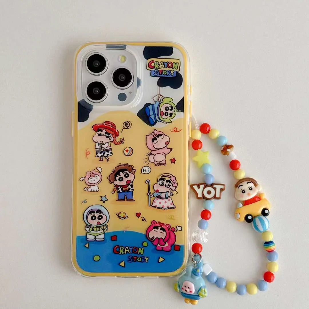 Cute Cartoon Pattern Designer Silicon Case for iPhone With Cute Beaded Charm